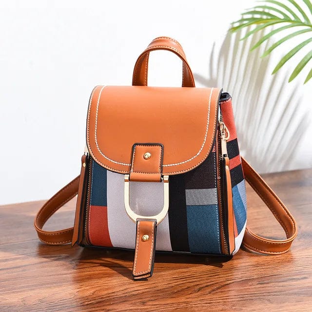Sac à dos femme de ville léger, similicuir et tissu, marron