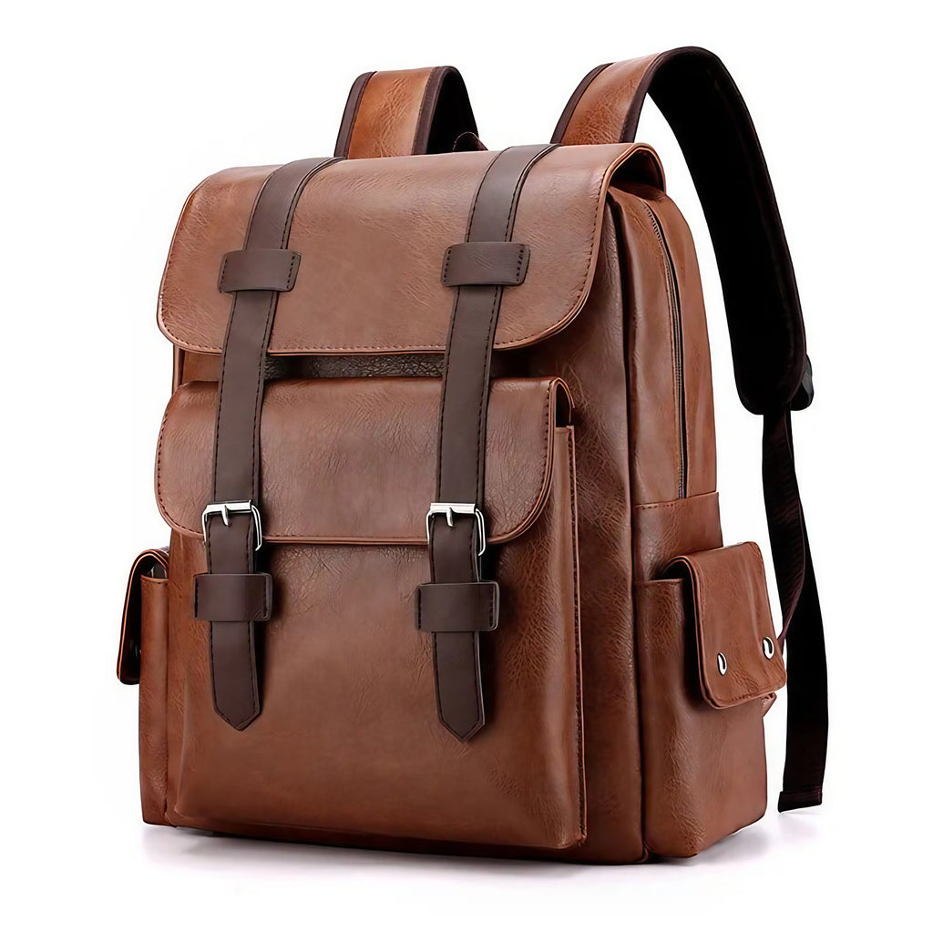 Sac à dos homme en similicuir, compartiment ordinateur, marron