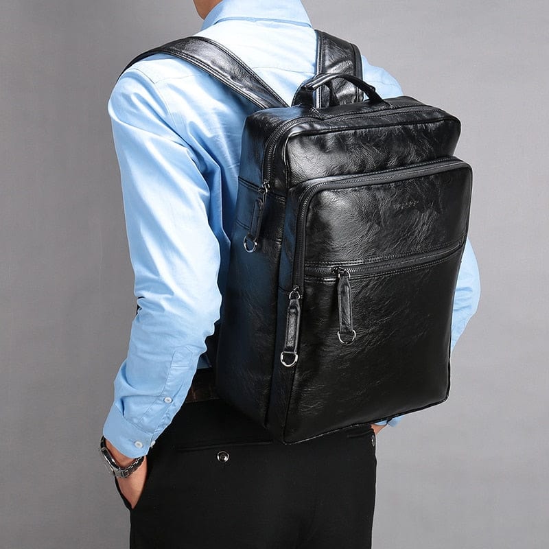 Sac à dos homme en similicuir noir, ordinateur 15,6 pouces