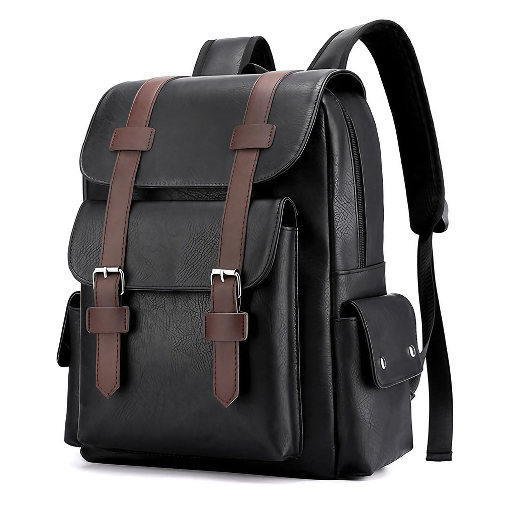 Sac à dos homme rétro à rabat, poche ordinateur 15 pouces, noir