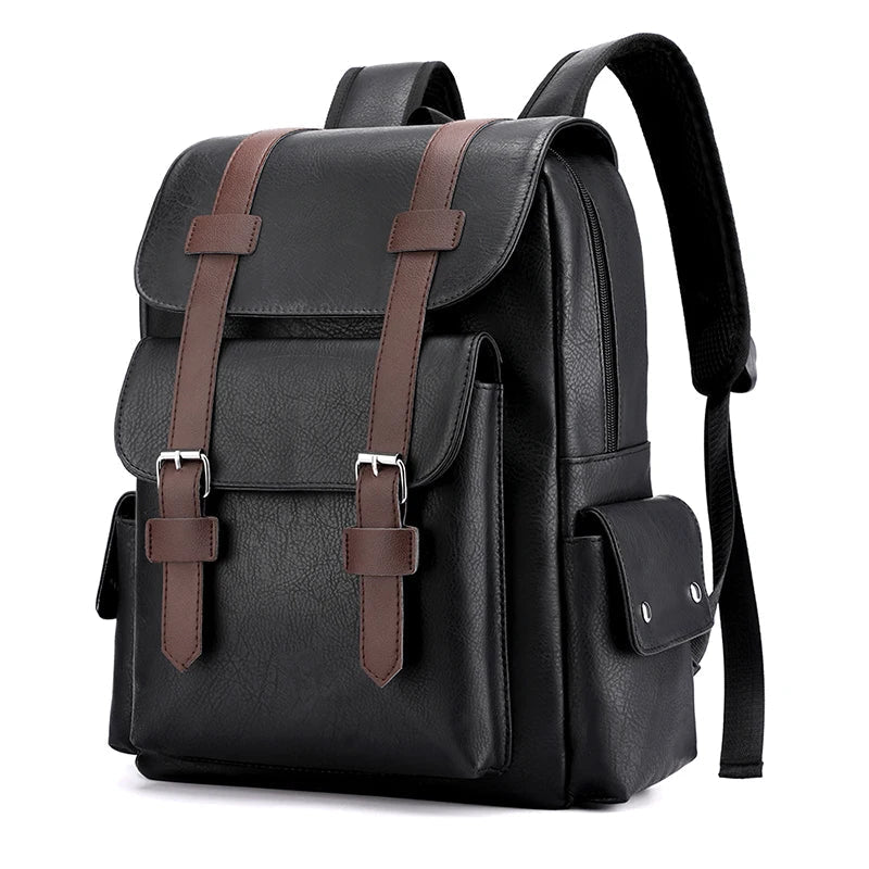 Sac à dos homme rétro à rabat, poche ordinateur 15 pouces, noir