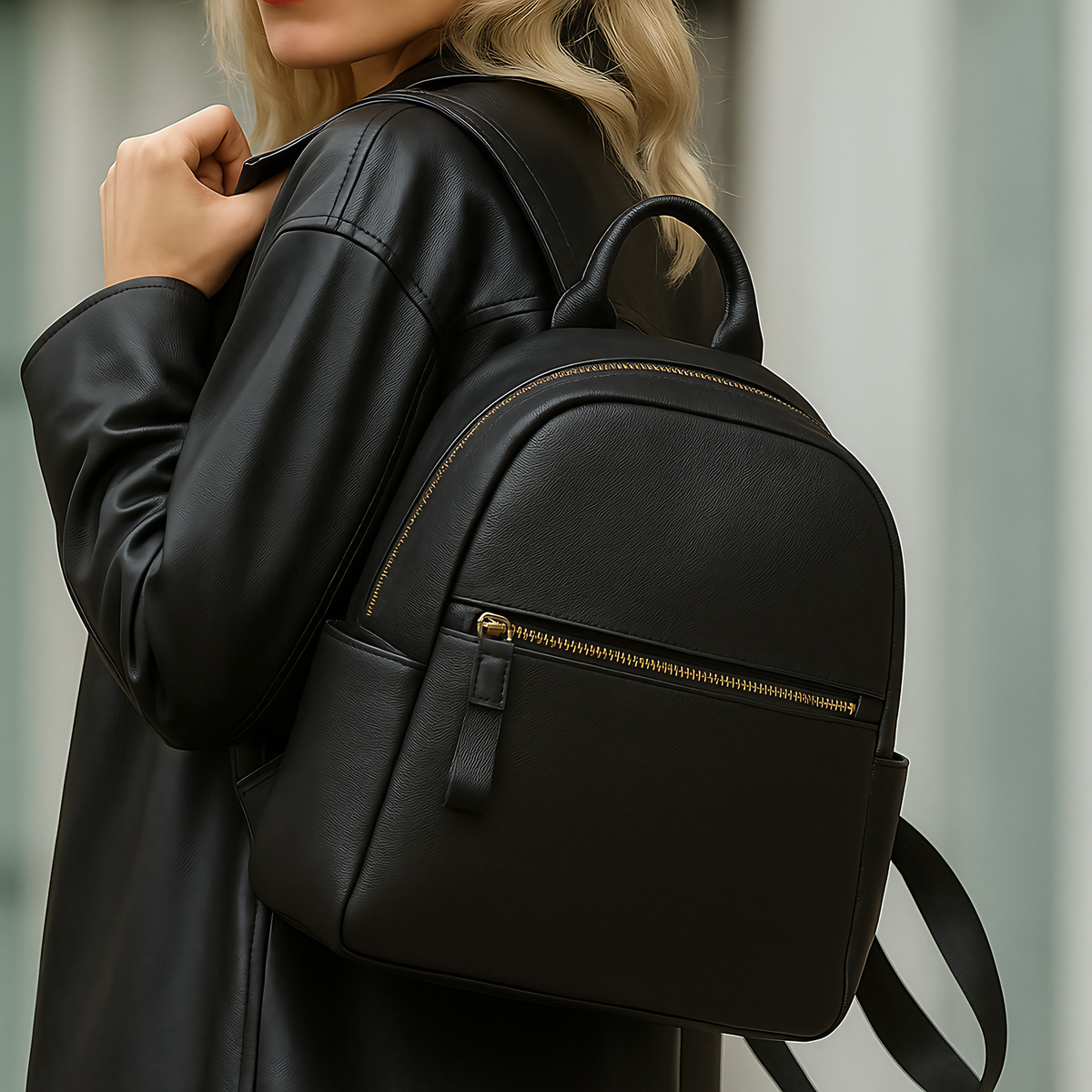 Sac à dos femme en cuir, 29 x 25,5 cm, noir ou vert