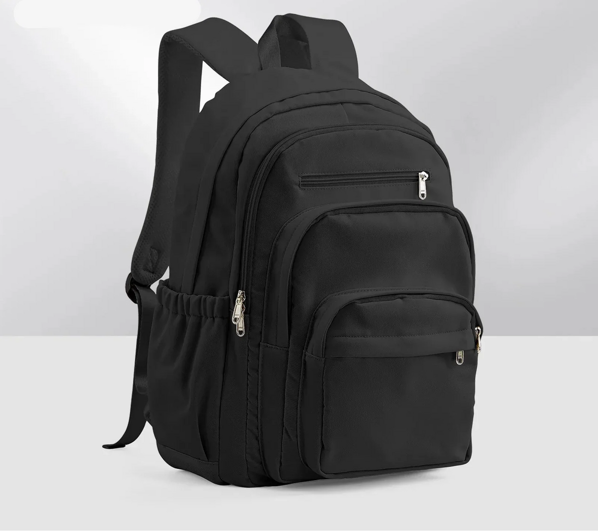 Sac à dos lycée mixte en nylon, format A4, sept poches, noir