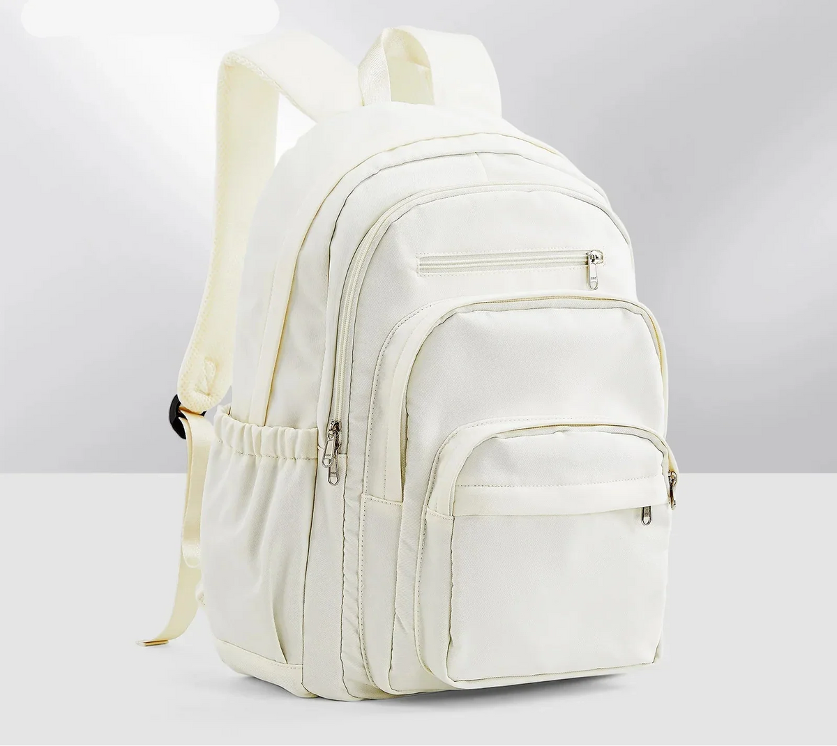 Sac à dos lycée mixte en nylon, format A4, sept poches, écru