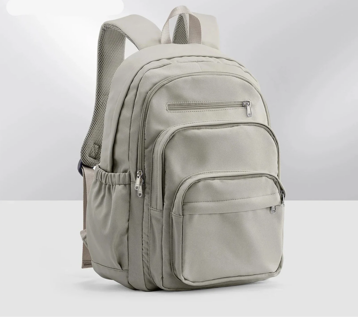 Sac à dos lycée mixte en nylon, format A4, sept poches, gris beige
