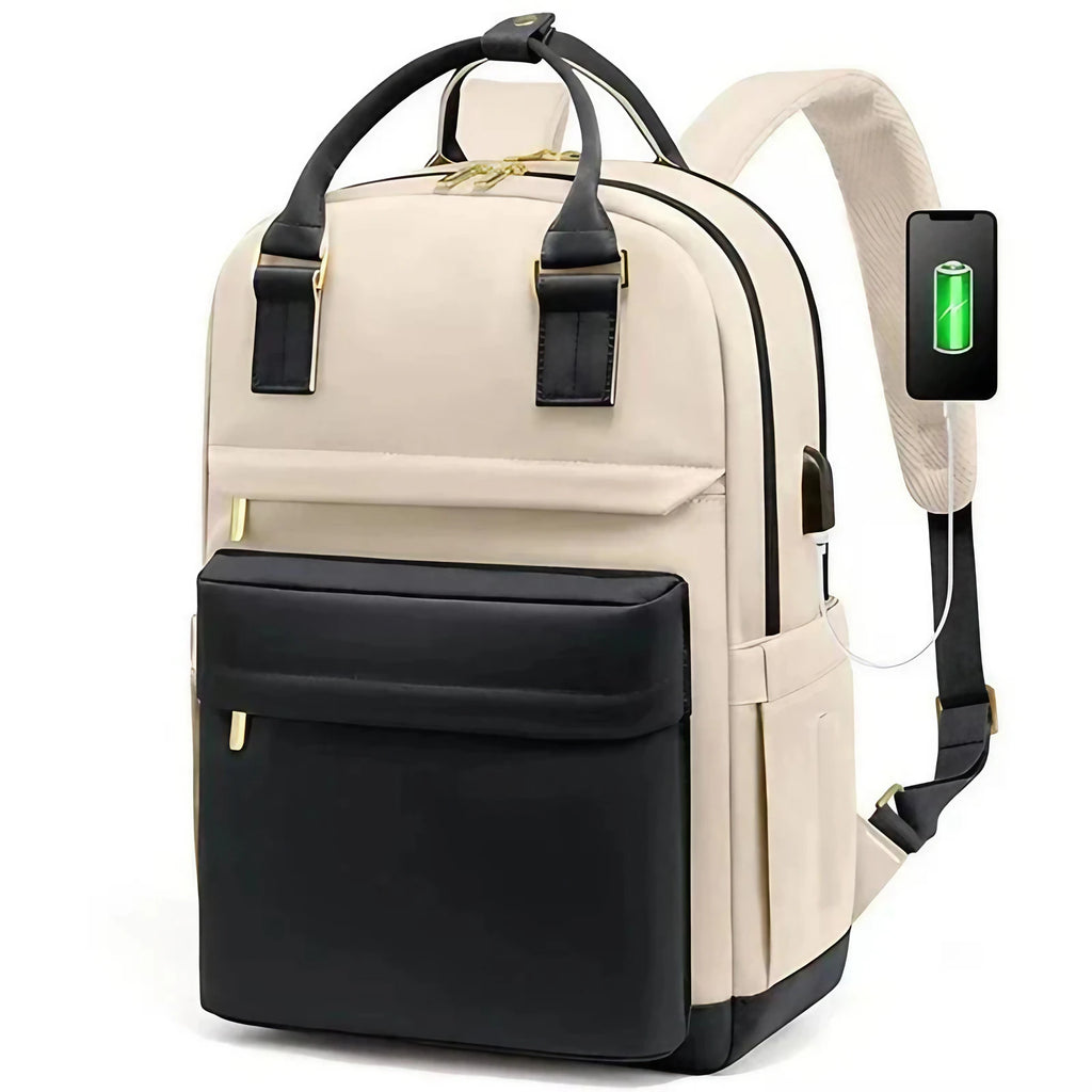 Sac à dos ordinateur femme avec port USB, 15,6 pouces, sept coloris, beige