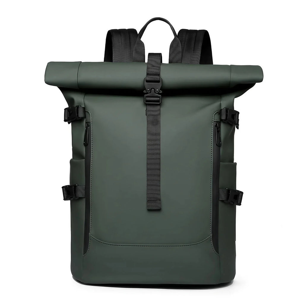 Sac à dos roll top imperméable, volume réglable de 20 à 27 L, vert