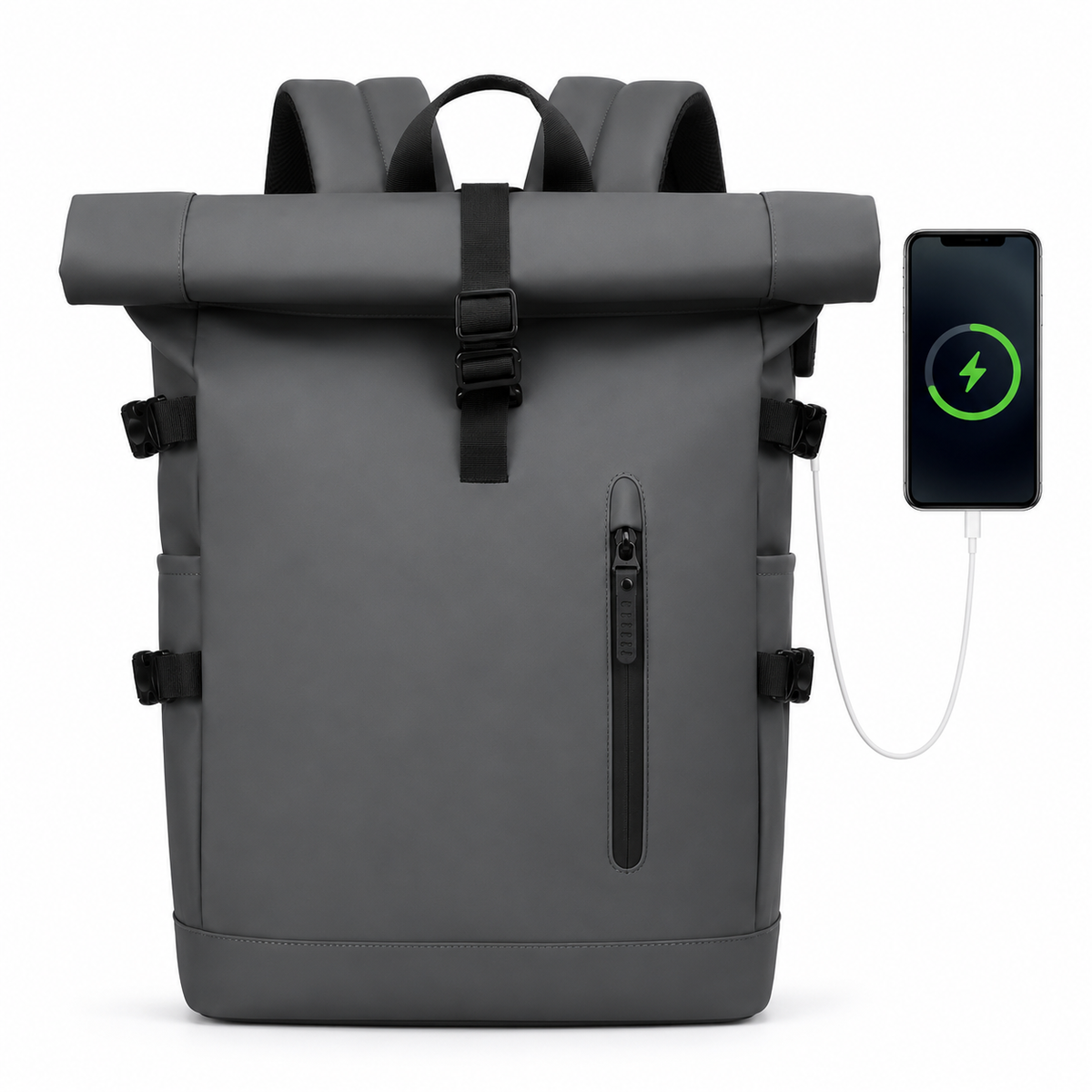 Sac à dos de voyage à fermeture enroulée, port USB