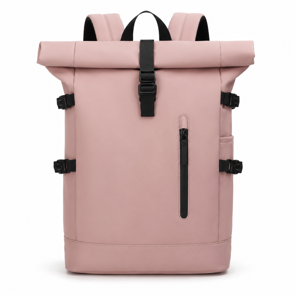 Sac à dos enroulable avec port USB pour les trajets, rose