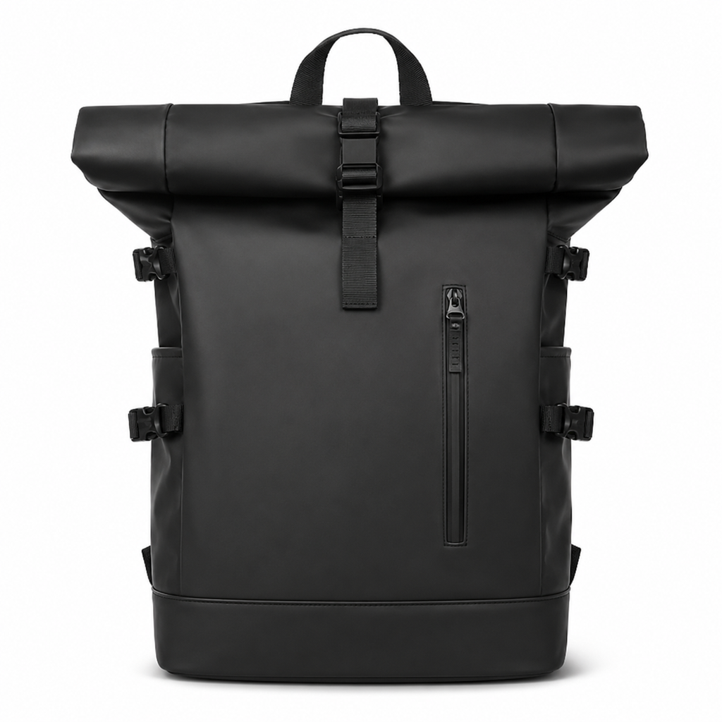 Sac à dos enroulable avec port USB pour les trajets, noir