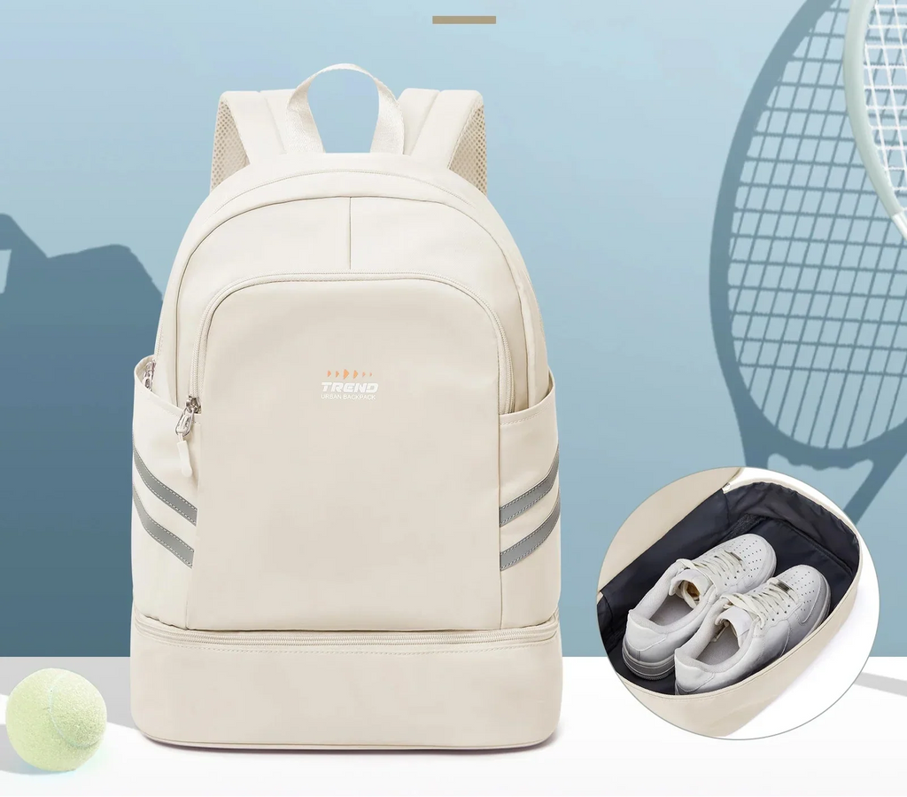 Sac à dos de sport femme en nylon, compartiment chaussures, beige