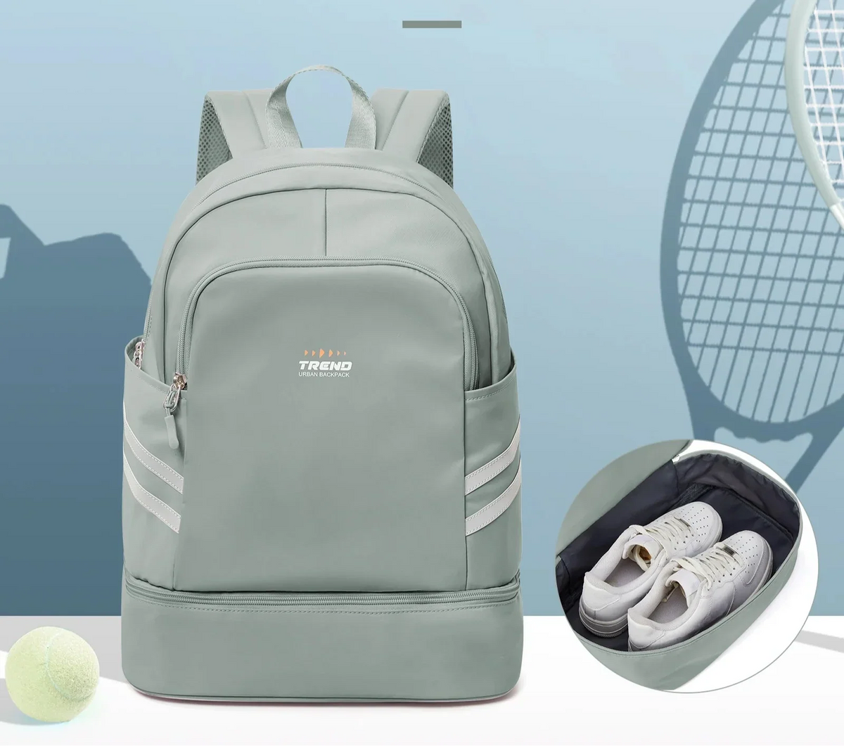 Sac à dos de sport femme en nylon, compartiment chaussures, vert