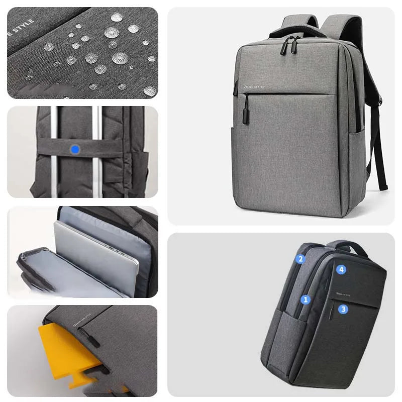 Sac à dos ordinateur 16 pouces en polyester imperméable, mixte, gris clair
