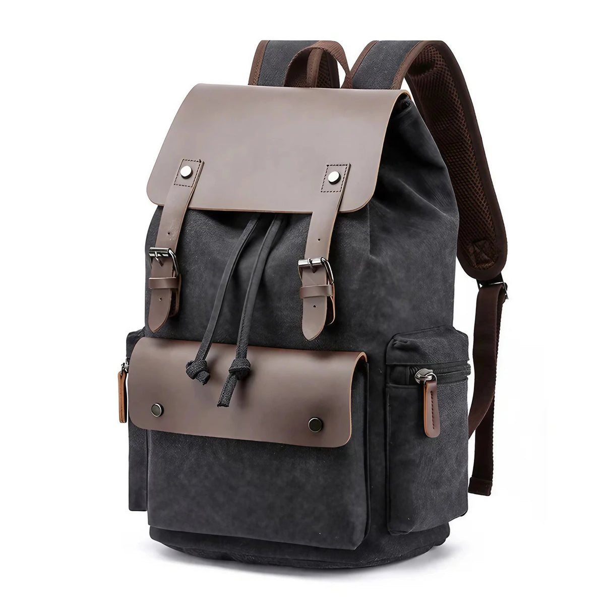 Sac à dos homme vintage en toile à rabat, compartiment ordinateur, gris anthracite