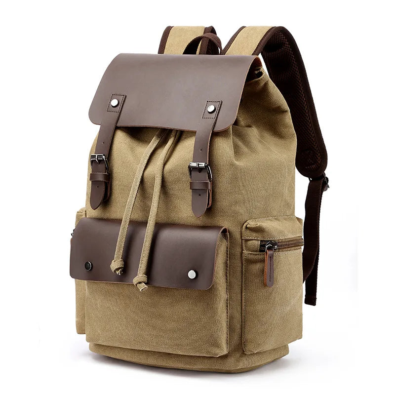 Sac à dos homme vintage en toile à rabat, compartiment ordinateur, beige