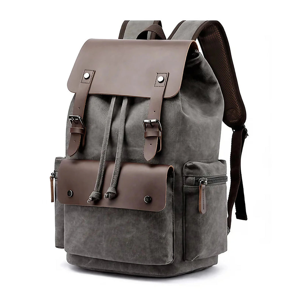 Sac à dos homme vintage en toile à rabat, compartiment ordinateur, gris