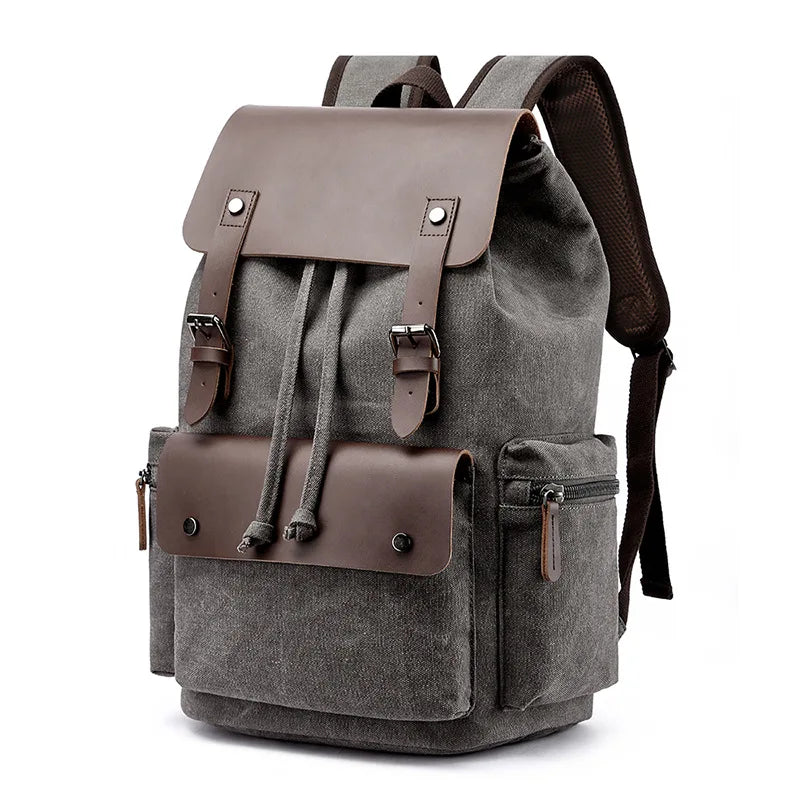 Sac à dos homme vintage en toile à rabat, compartiment ordinateur, gris