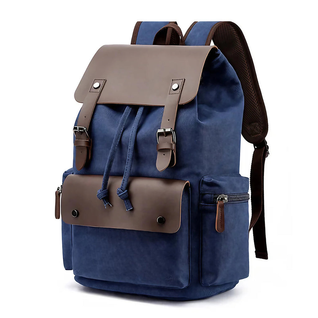 Sac à dos homme vintage en toile à rabat, compartiment ordinateur, bleu