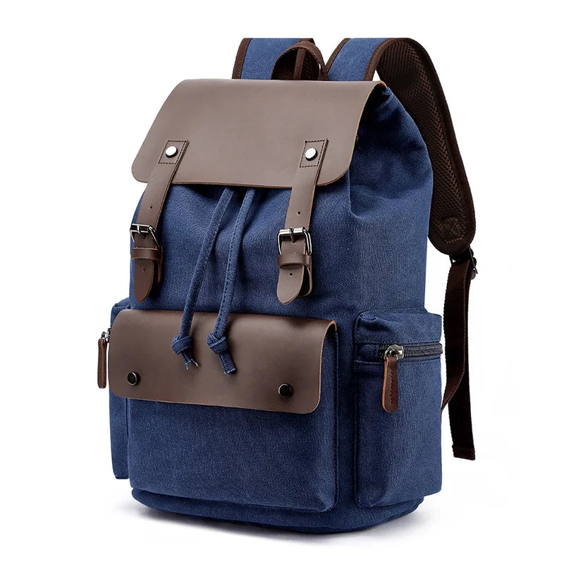 Sac à dos homme vintage en toile à rabat, compartiment ordinateur, bleu