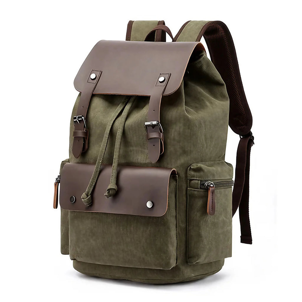 Sac à dos homme vintage en toile à rabat, compartiment ordinateur, vert