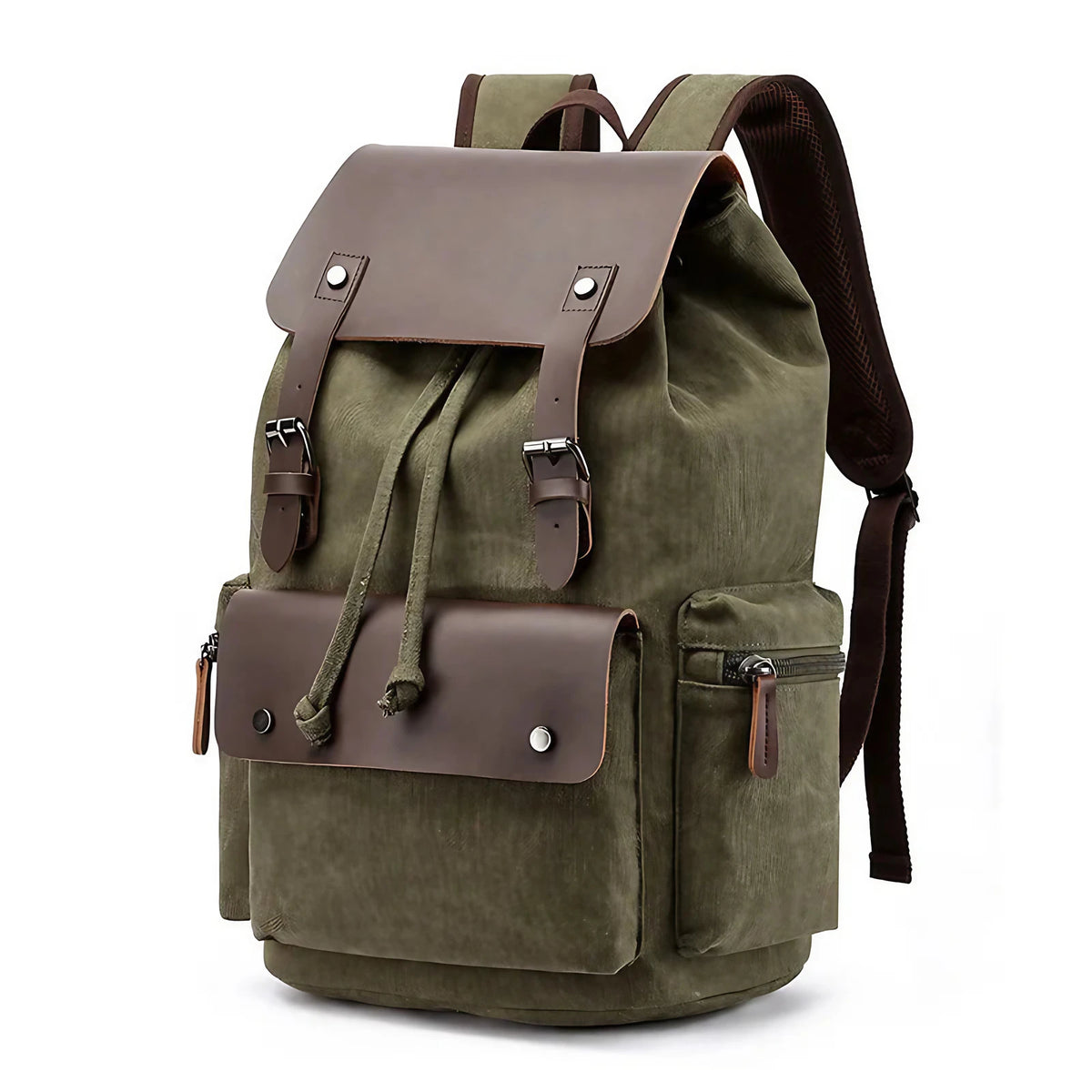 Sac à dos homme vintage en toile à rabat, compartiment ordinateur, vert