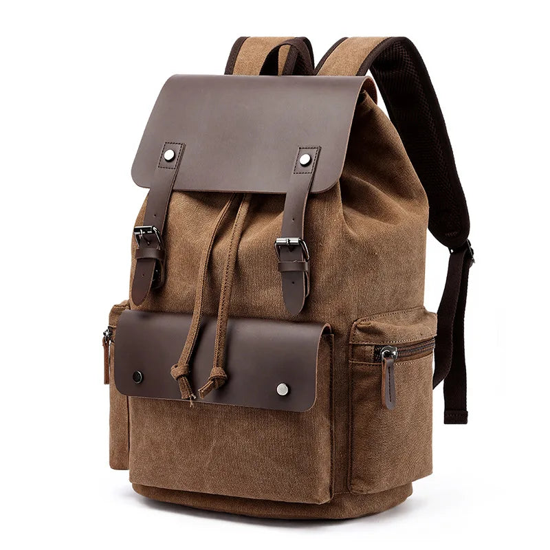 Sac à dos homme vintage en toile à rabat, compartiment ordinateur, marron