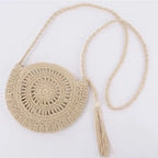 Sac en paille tressée demi-lune, zip, marron ou beige, beige