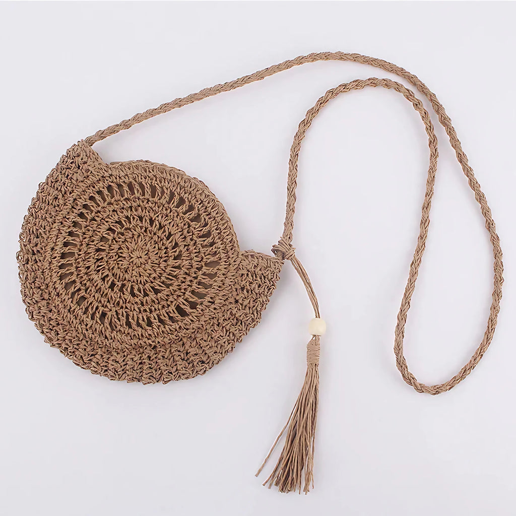 Sac en paille tressée demi-lune, zip, marron ou beige, marron