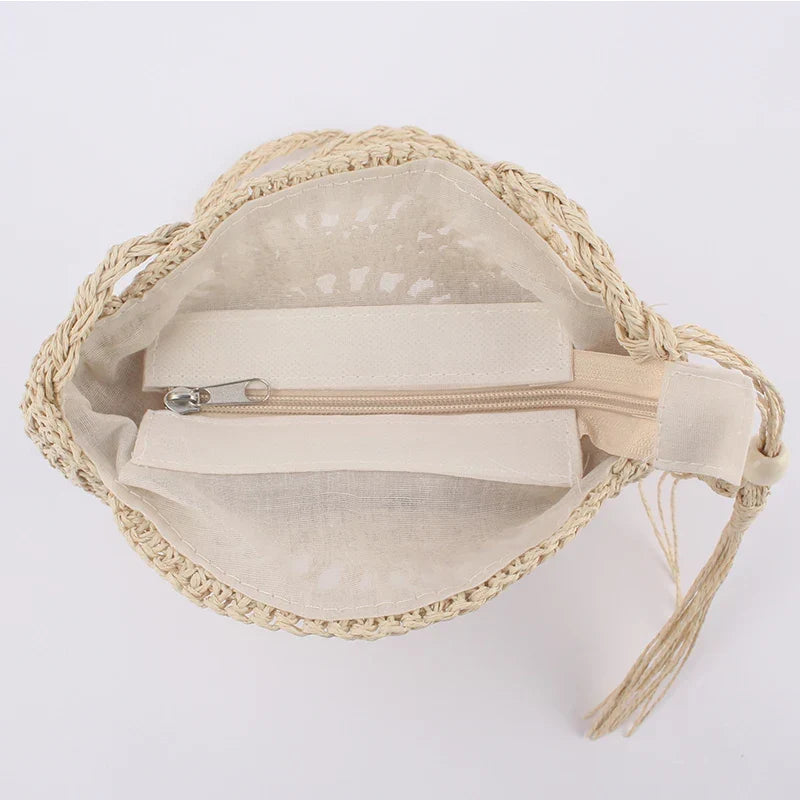 Sac en paille tressée demi-lune, zip, marron ou beige