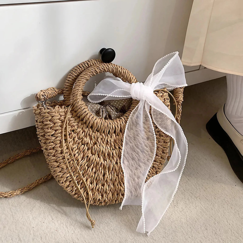 Sac rond en paille femme, deux anses et bandoulière en corde, marron à ruban