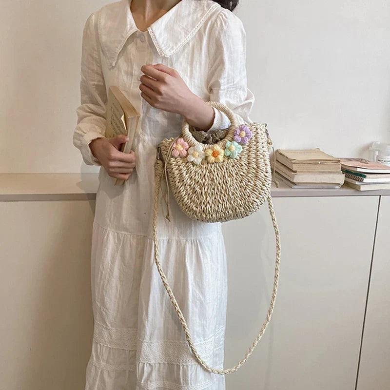 Sac rond en paille femme, deux anses et bandoulière en corde