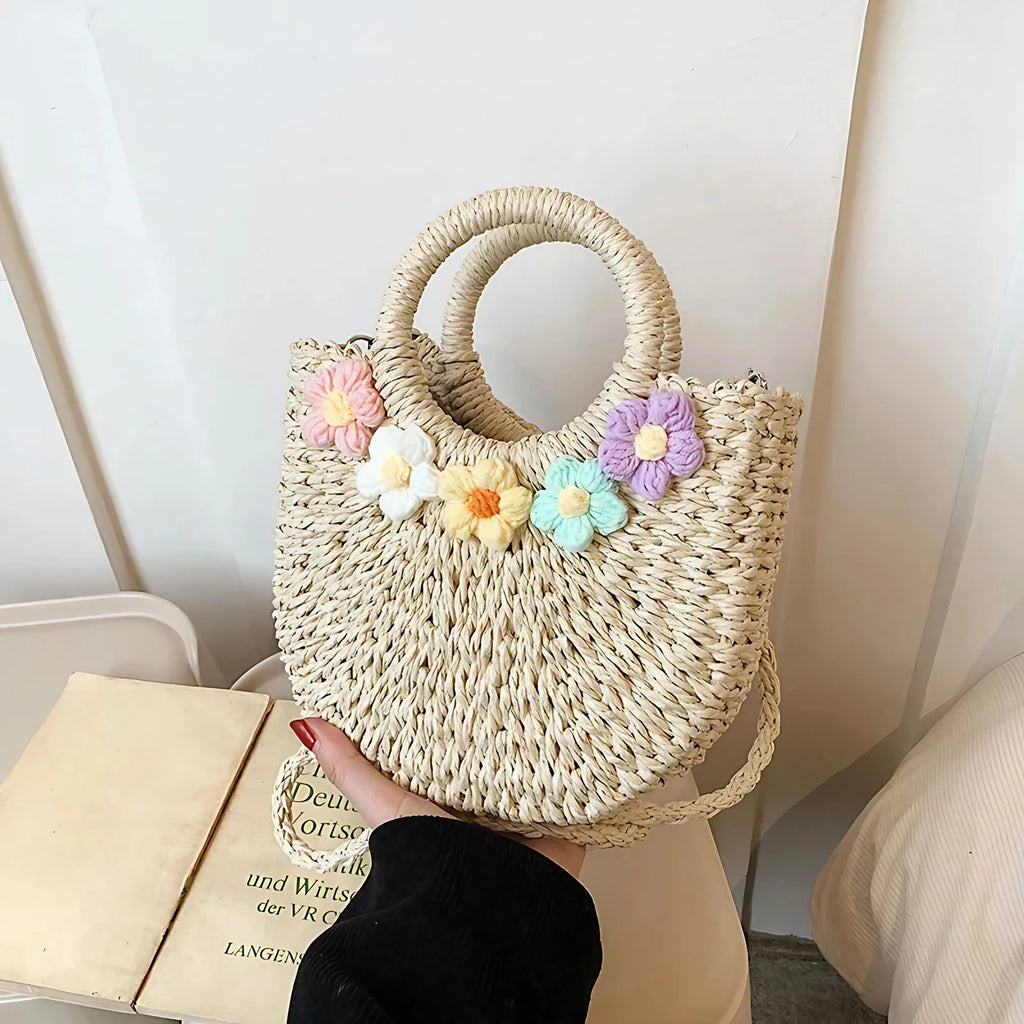Sac rond en paille femme, deux anses et bandoulière en corde, beige à fleurs