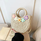 Sac rond en paille femme, deux anses et bandoulière en corde, beige à fleurs