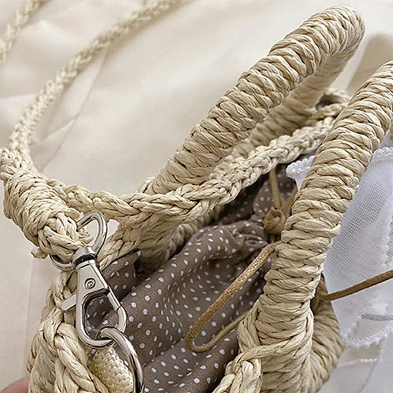 Sac rond en paille femme, deux anses et bandoulière en corde