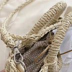 Sac rond en paille femme, deux anses et bandoulière en corde