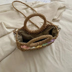 Sac rond en paille femme, deux anses et bandoulière en corde