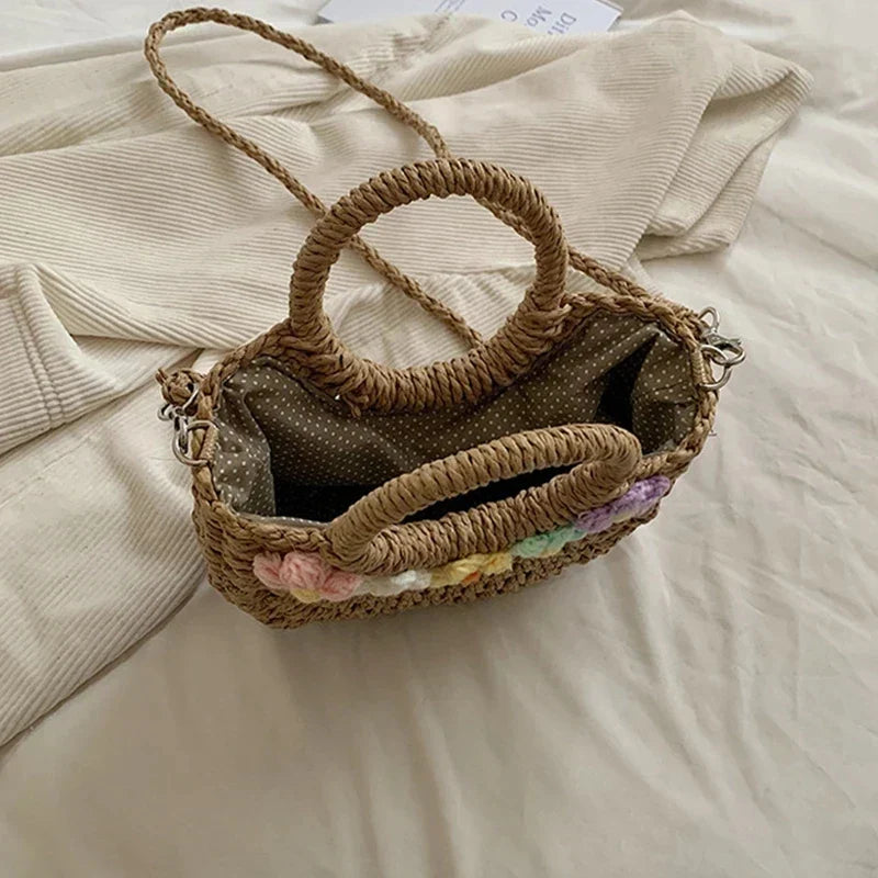Sac rond en paille femme, deux anses et bandoulière en corde