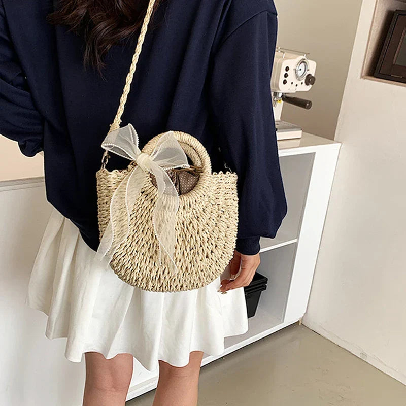 Sac rond en paille femme, deux anses et bandoulière en corde