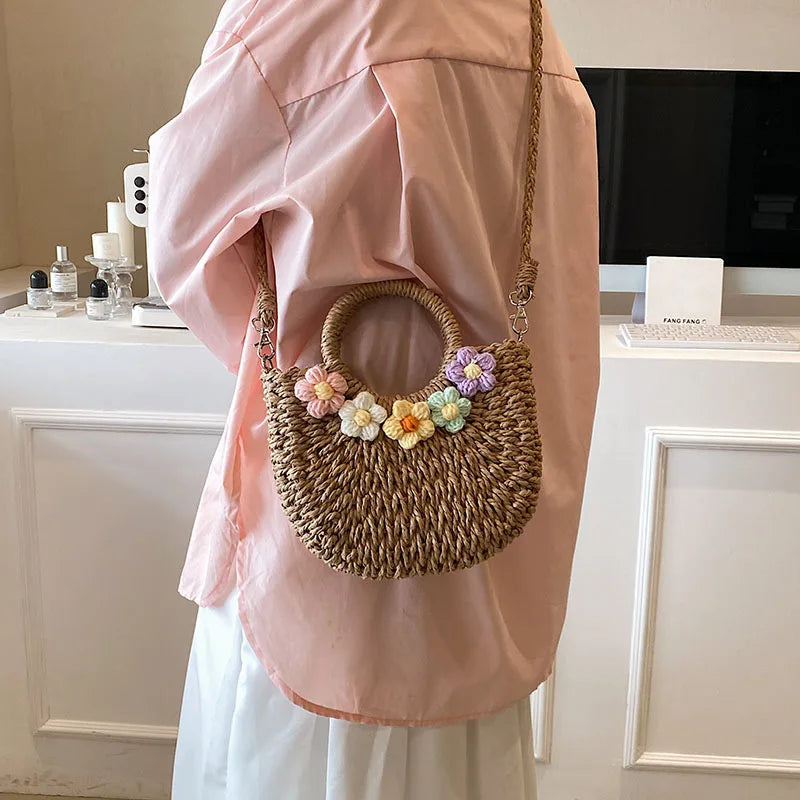 Sac rond en paille femme, deux anses et bandoulière en corde