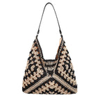 Sac en paille tissée femme, forme trapèze, 32 x 29 cm, noir