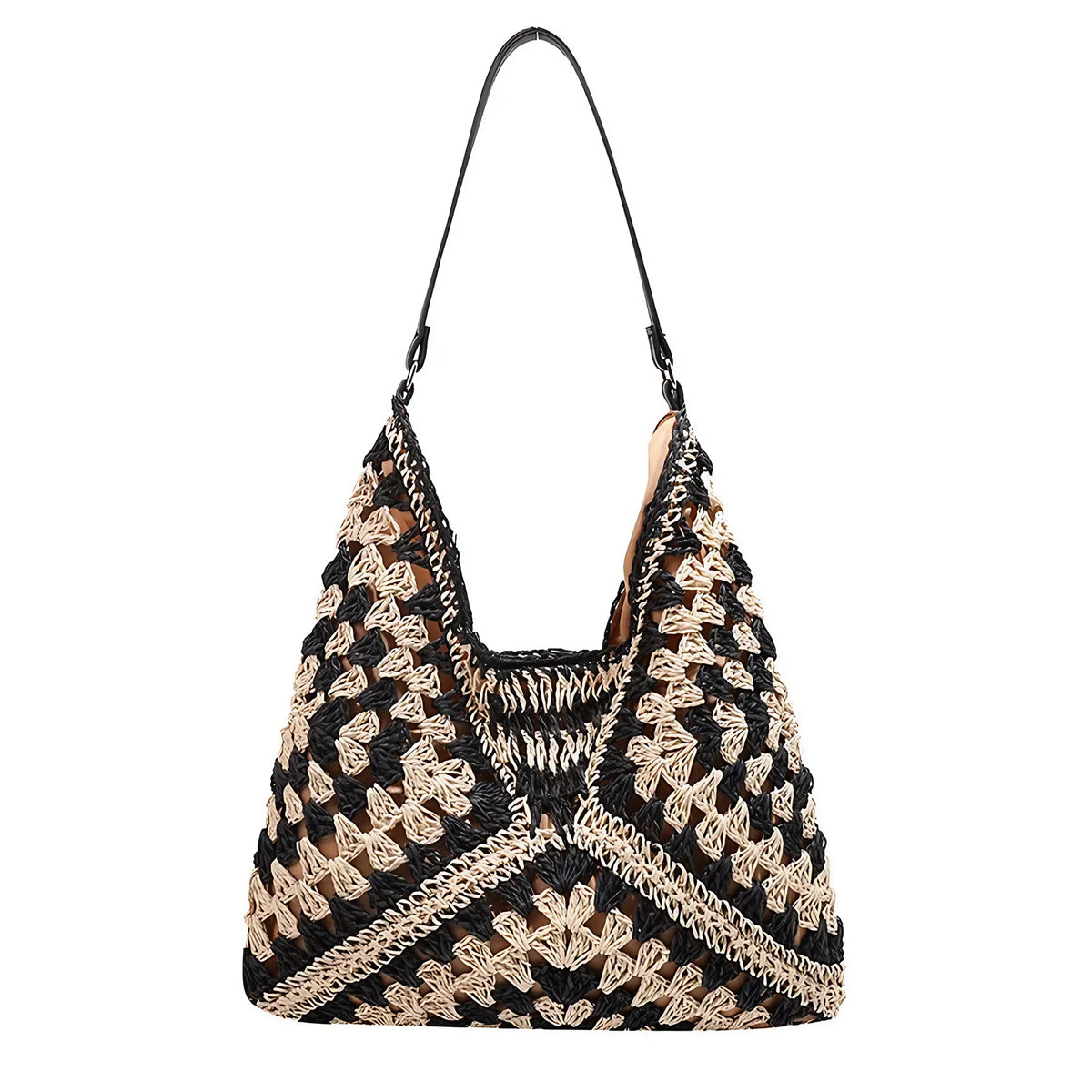 Sac en paille tissée femme, forme trapèze, 32 x 29 cm, noir