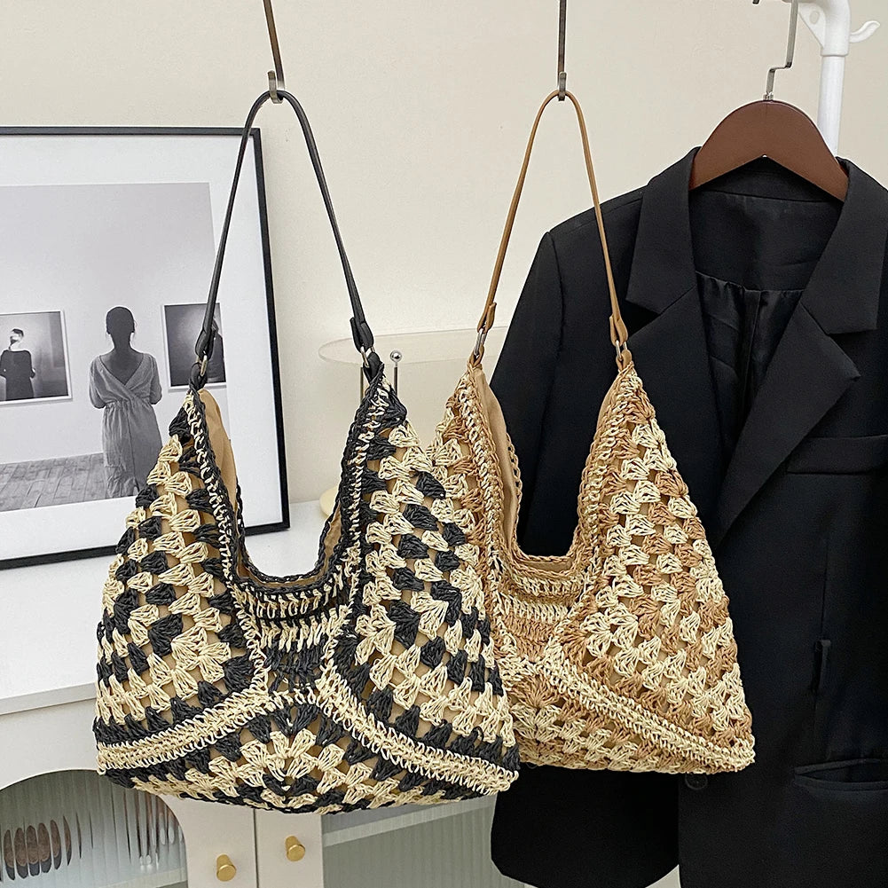 Sac en paille tissée femme, forme trapèze, 32 x 29 cm
