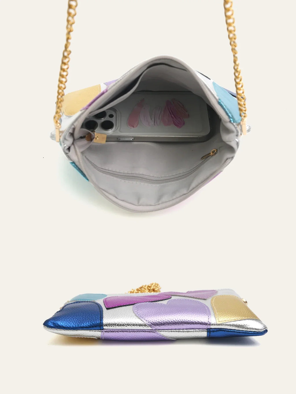 Sac métallisé effet miroir à cœurs, chaîne dorée amovible