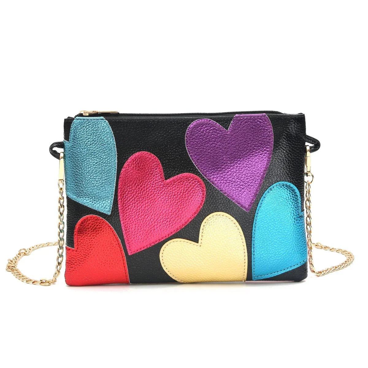 Sac métallisé effet miroir à cœurs, chaîne dorée amovible, noir