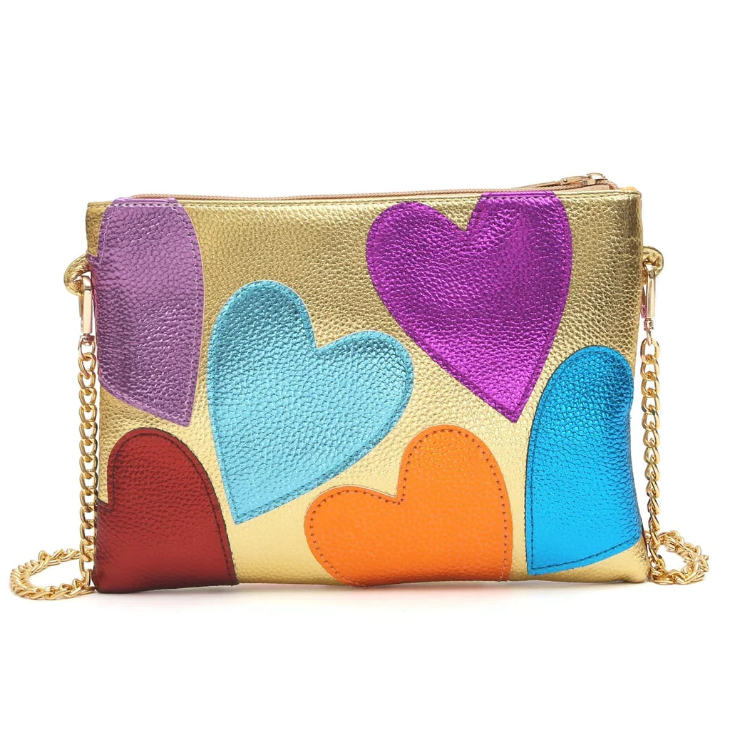 Sac métallisé effet miroir à cœurs, chaîne dorée amovible, doré