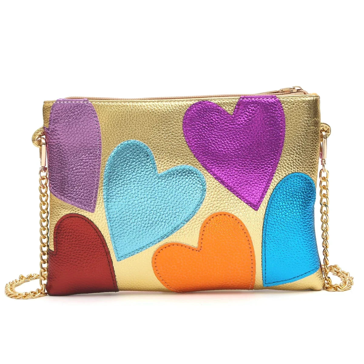 Sac métallisé effet miroir à cœurs, chaîne dorée amovible, doré