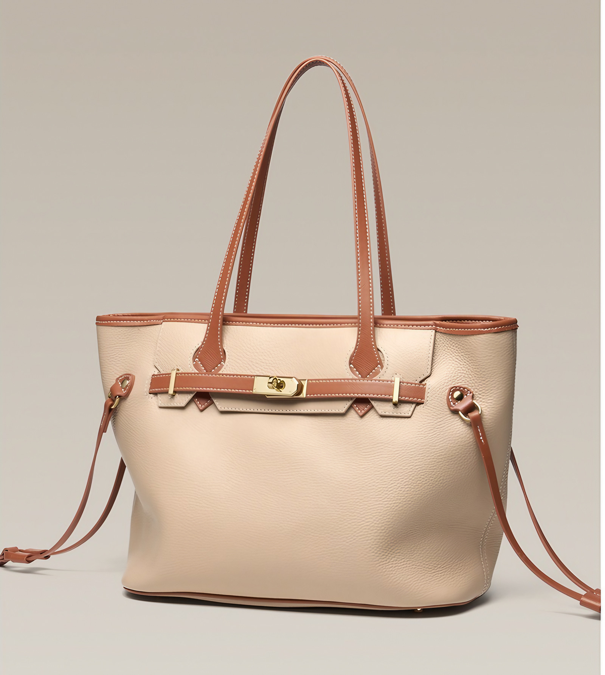 Sac fourre-tout femme évasé, anses marron surpiquées, 39 x 24 cm