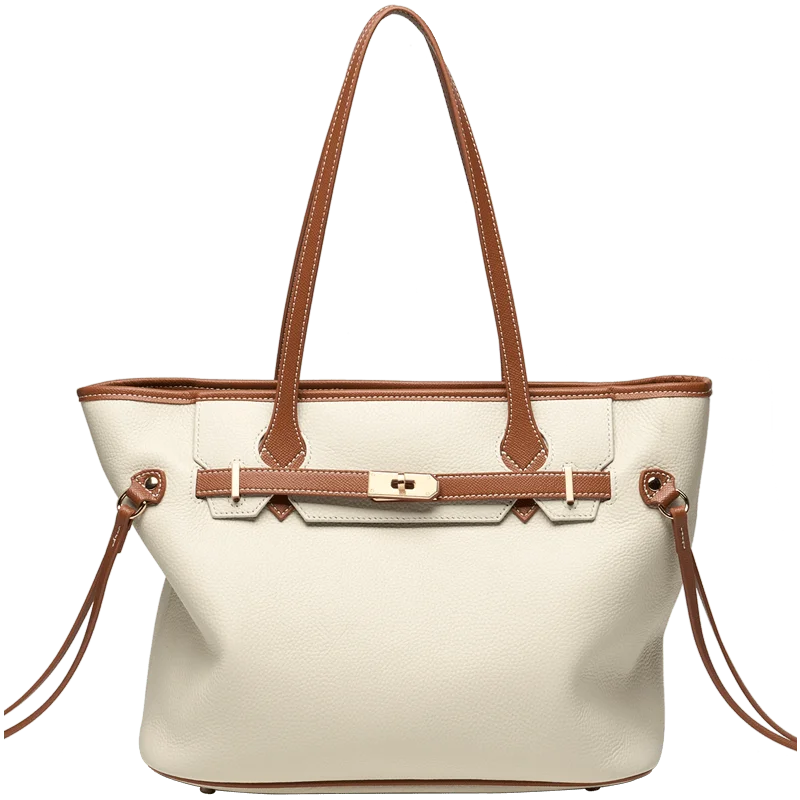 Sac fourre-tout femme évasé, anses marron surpiquées, 39 x 24 cm