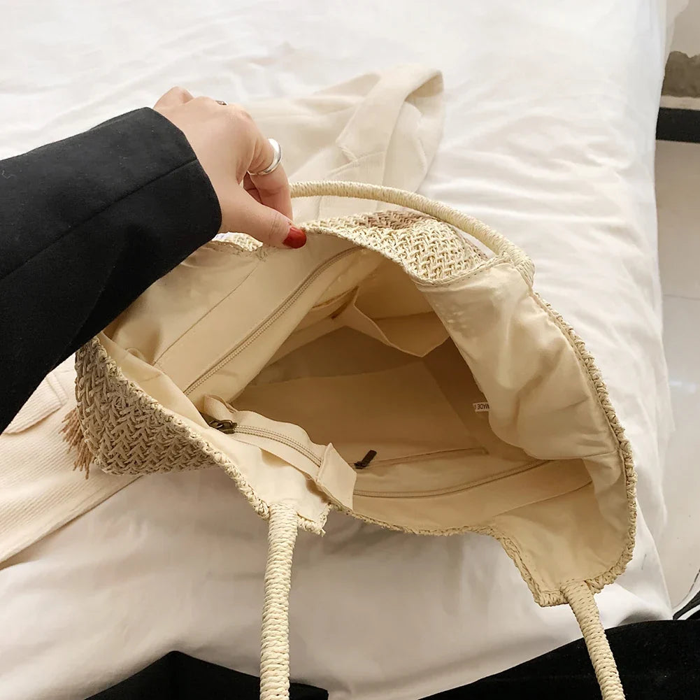 Sac en paille tressée femme zippé, doublure en coton