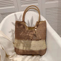 Sac en paille tressée femme zippé, doublure en coton, marron